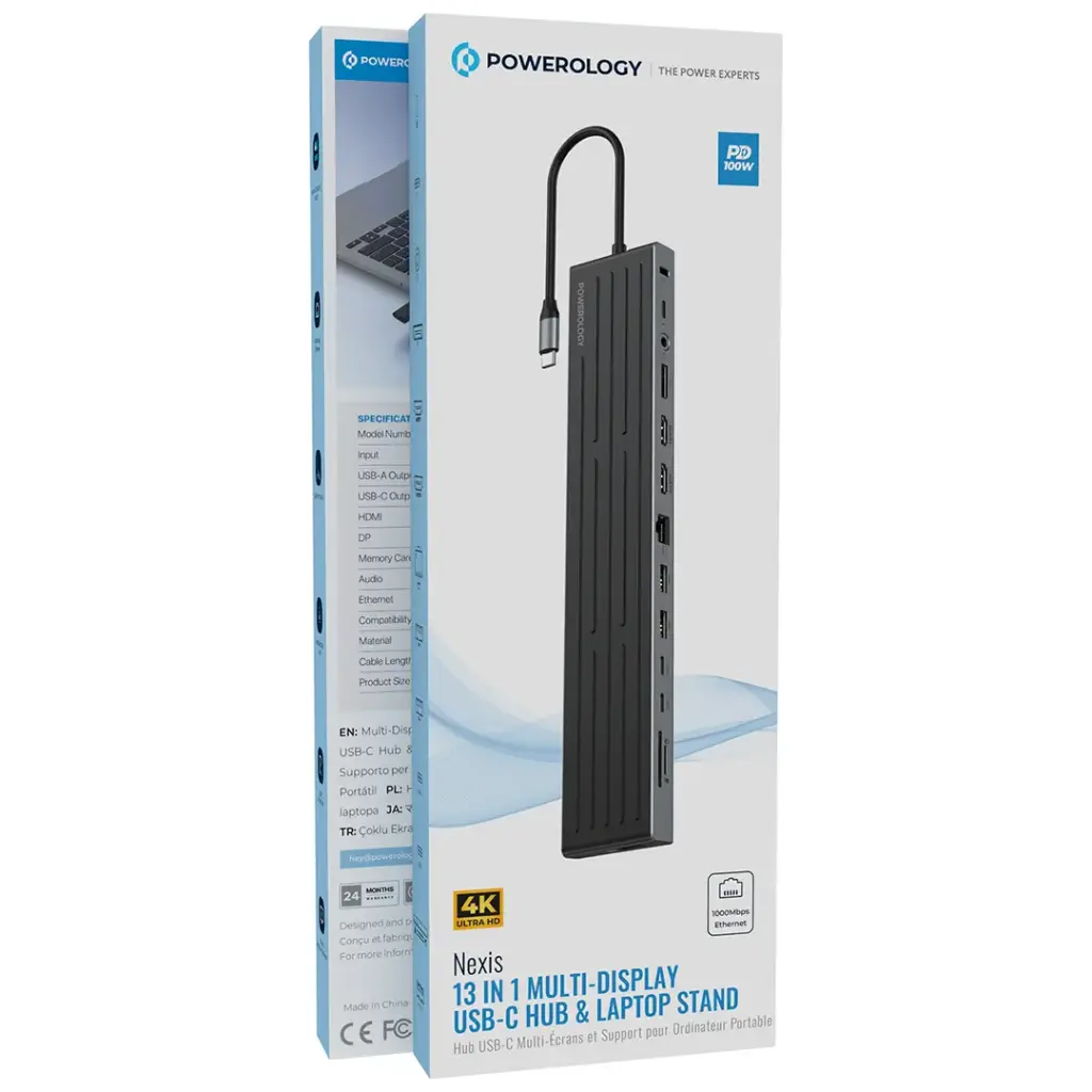 Powerology Nexis 13-in-1 Multi-Display USB-C Hub & Laptop Stand - Blac